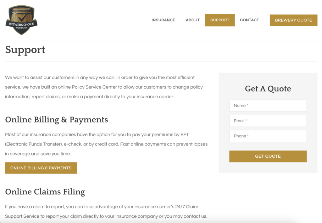 Support center page with links to billing, support, and file a claim.
